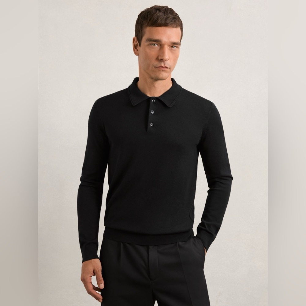 NWT M REISS MERINO WOOL LONG-SLEEVE POLO SHIRT IN BLACK